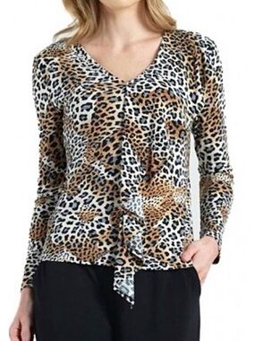 Clara Sun Woo Ruffled Leopard Print Blouse Women’s Size M Fluid Knit Long Sleeve